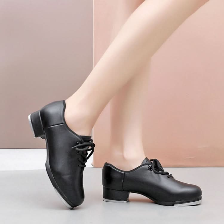 Beginners Straight Bottom Tap Shoes Black Imitation Leather Soft Bottom Shoes Reluova