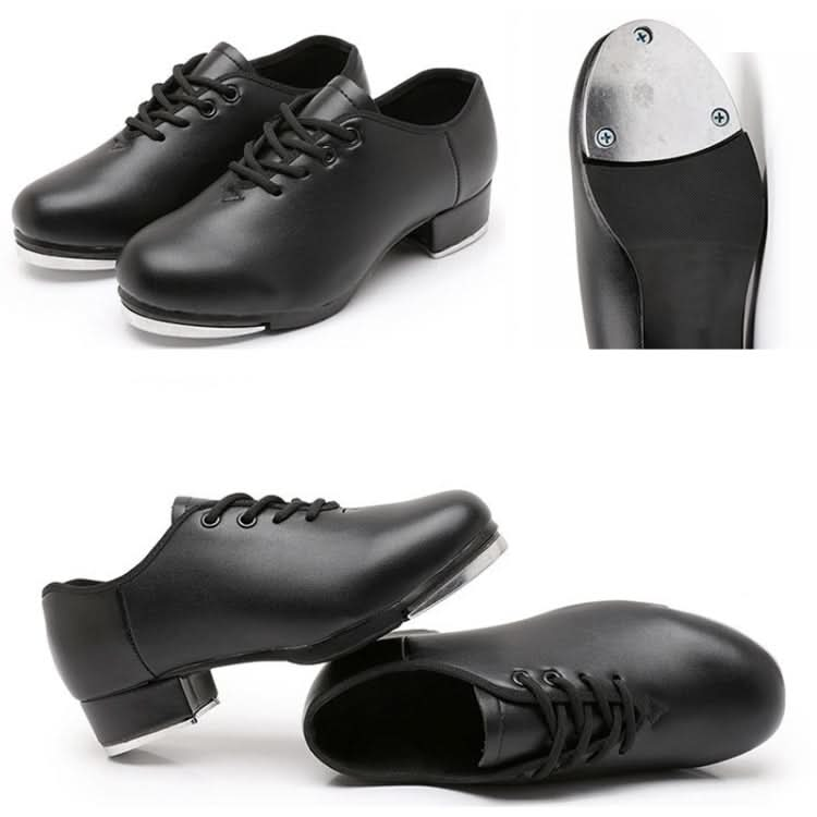 Beginners Straight Bottom Tap Shoes Black Imitation Leather Soft Bottom Shoes Reluova