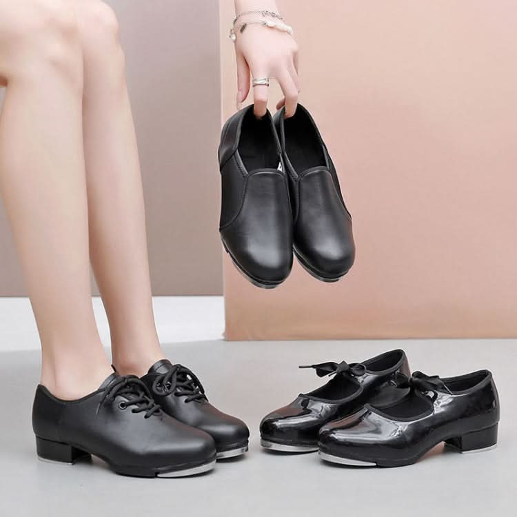 Beginners Straight Bottom Tap Shoes Black Imitation Leather Soft Bottom Shoes Reluova