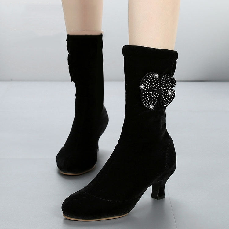 Autumn/Winter Latin Dance Shoes With Soft Velvet-Soled Mid-Heel Ankle Boots