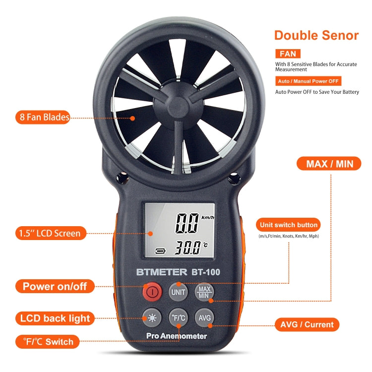 BT-100 Handheld Anemometer Wind Speed Wind Chill Temperature Measuring Instrument Reluova