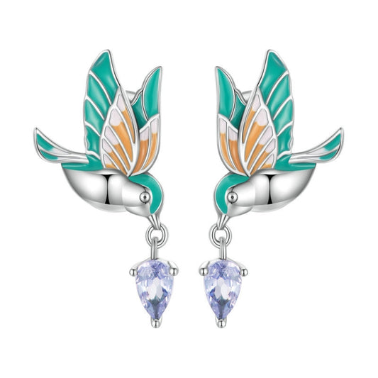 Drip Oil Craft Kingfisher Earrings Ring Set 925 Silver Jewelry, Style: