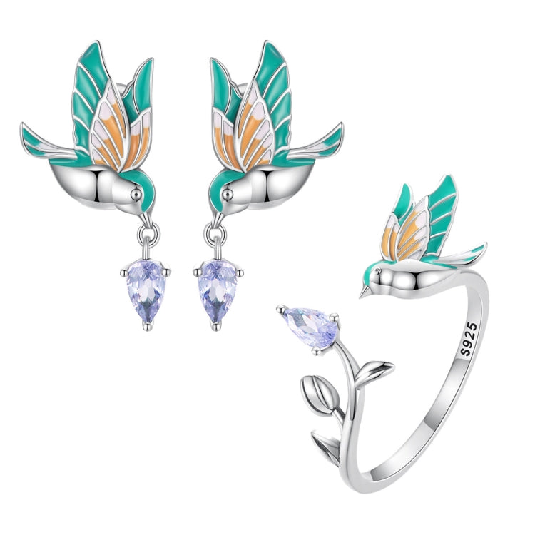 Drip Oil Craft Kingfisher Earrings Ring Set 925 Silver Jewelry, Style: