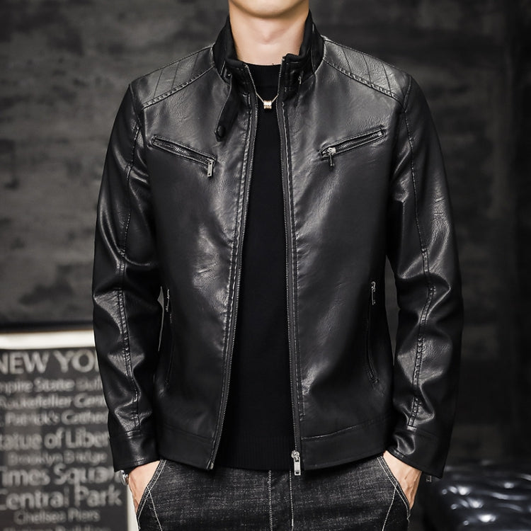 Men Washed PU Padded Slim-Fit Motorbike Leather Jacket Reluova