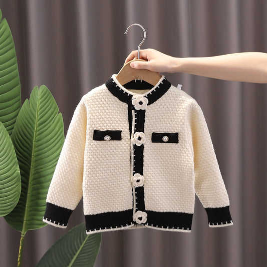 Girls Cardigan Autumn Winter Knitted Sweater Camellia Jacket