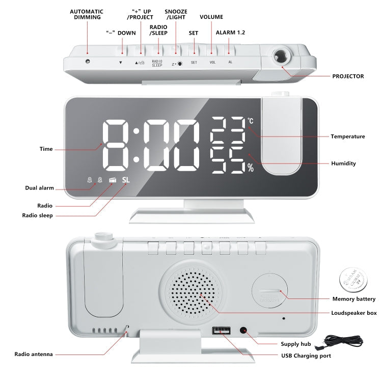 Mirror Surface LED Radio Projection Alarm Clock Clock with Temperature & Humidity Display My Store