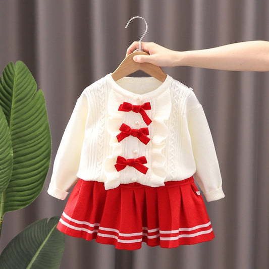 Girls Bow Sweater + Half Skirt Set Knitted Two-Piece Kit