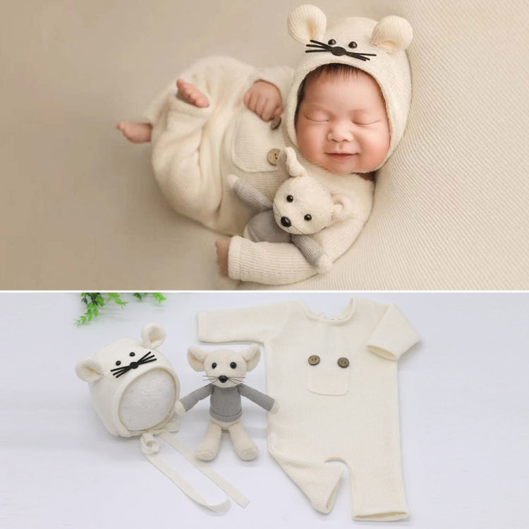 Newborn Photography Clothing Baby Knitted Jumpsuit + Hat + Mouse Doll Three-Piece Set