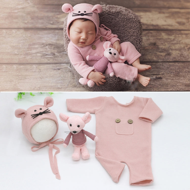 Newborn Photography Clothing Baby Knitted Jumpsuit + Hat + Mouse Doll Three-Piece Set