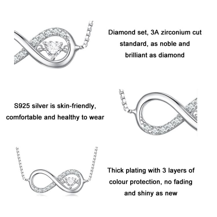 Sterling Silver S925 Zirconia Infinity Heart Endless Symbol Necklace Reluova