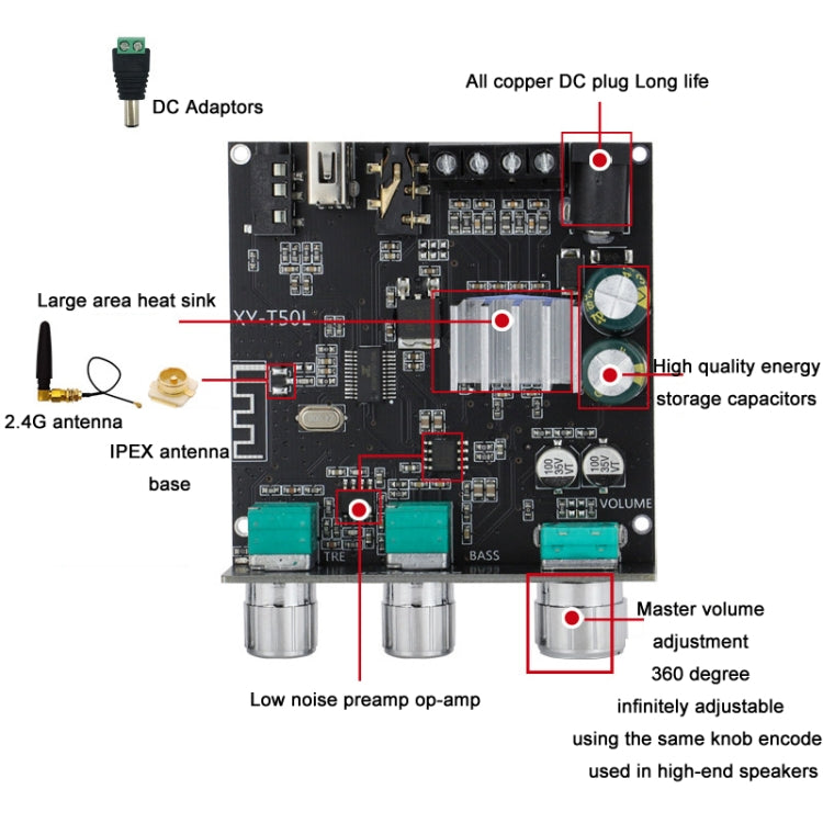 XY-T50L 12V Bluetooth 5.0 Audio Digital Class D Receiver Module With Amplifier Reluova