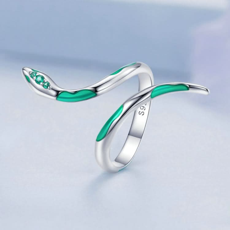 Sterling Silver S925 White Gold Plated Oil Drop Zirconia Green Snake Ring Reluova