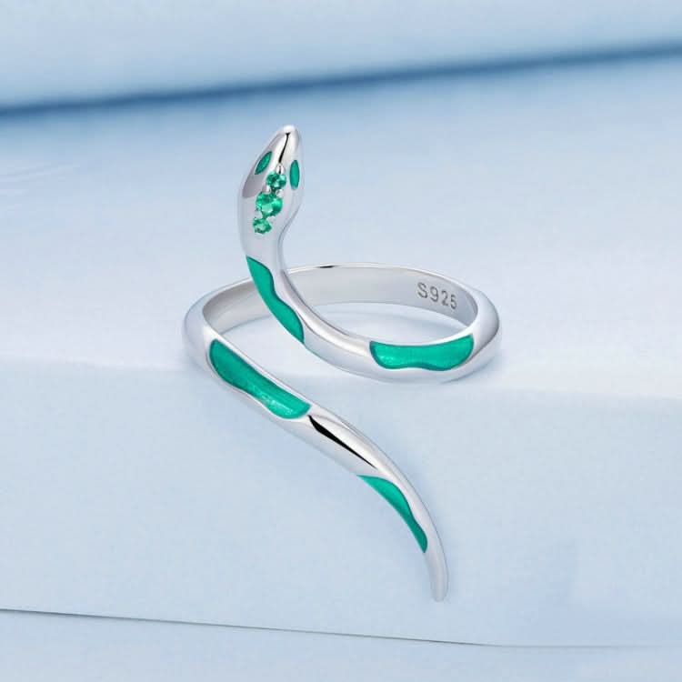 Sterling Silver S925 White Gold Plated Oil Drop Zirconia Green Snake Ring Reluova