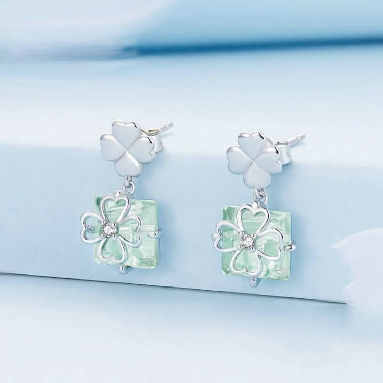 Sterling Silver S925 White Gold Plated Verdant Leaf Clover Earrings Reluova