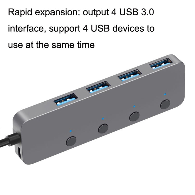 HS0059 Independent Switch USB 3.0 4 Ports Extension Type-C / USB-C Aluminum Alloy HUB, Cable Length: