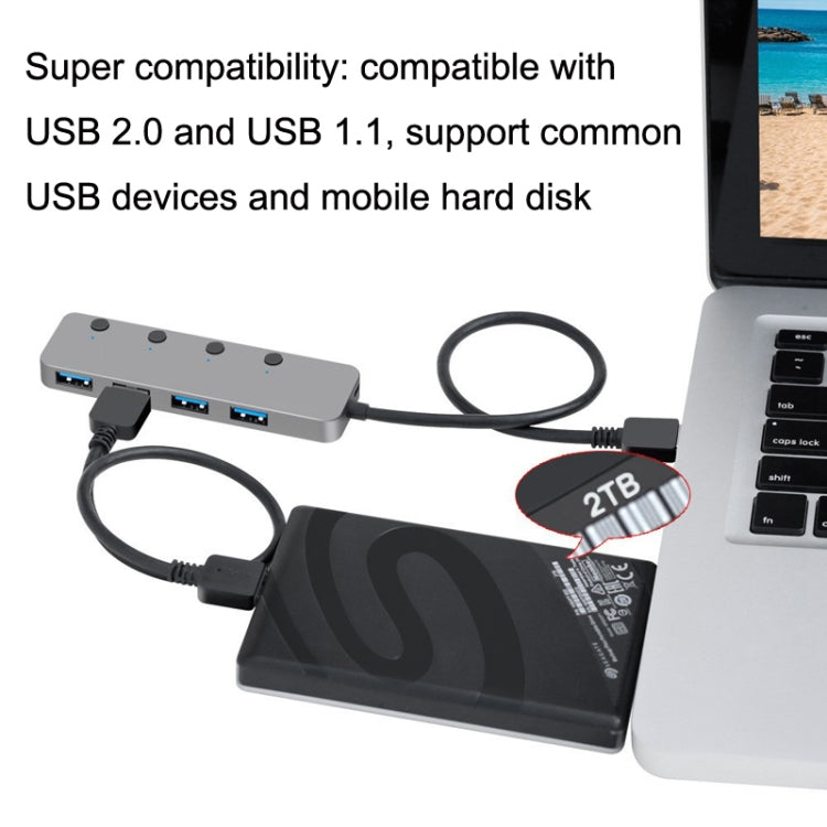 HS0059 Independent Switch USB 3.0 4 Ports Extension Type-C / USB-C Aluminum Alloy HUB, Cable Length: