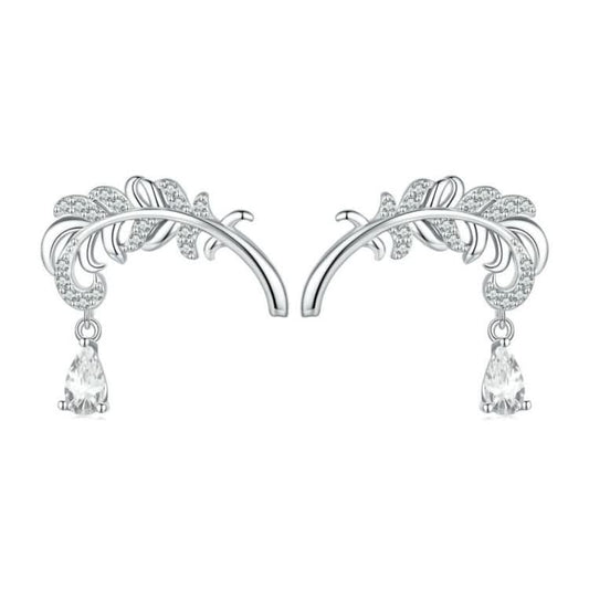 Sterling Silver S925 White Gold Plated Feather Drop Zirconia Stud Earrings Reluova