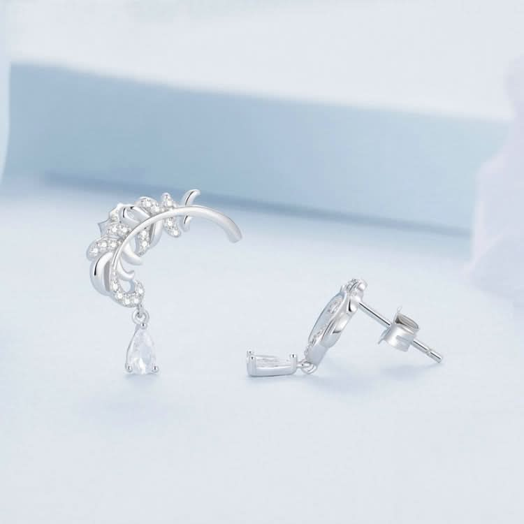 Sterling Silver S925 White Gold Plated Feather Drop Zirconia Stud Earrings Reluova