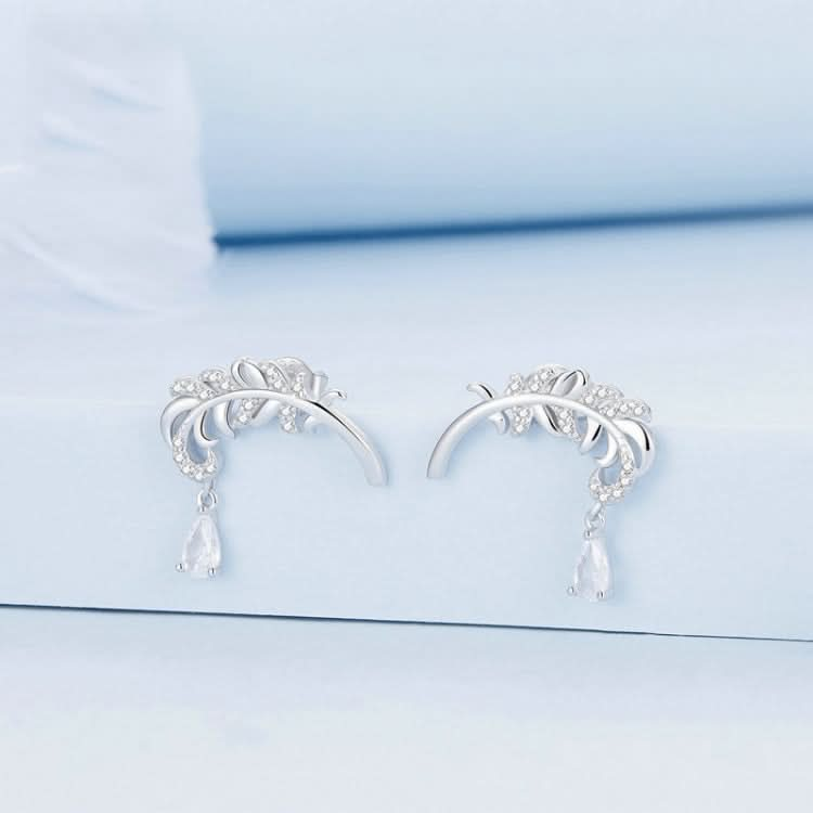 Sterling Silver S925 White Gold Plated Feather Drop Zirconia Stud Earrings Reluova