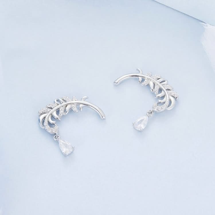 Sterling Silver S925 White Gold Plated Feather Drop Zirconia Stud Earrings Reluova