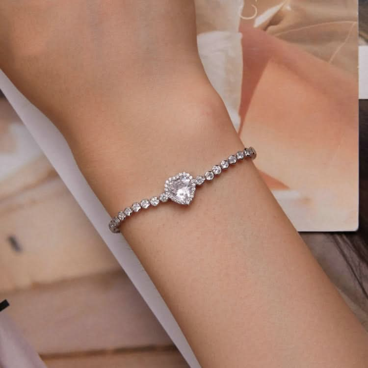 S925 Sterling Silver Sparkling White Gold Plated Heart Zirconia Bracelet Reluova