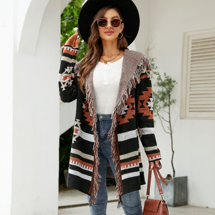 Geometric Jacquard Long Sweater Jacket Tassel Hooded Knit Cardigan Reluova