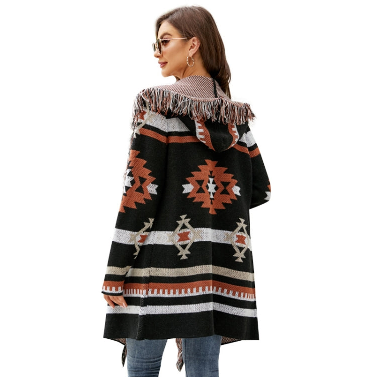 Geometric Jacquard Long Sweater Jacket Tassel Hooded Knit Cardigan Reluova