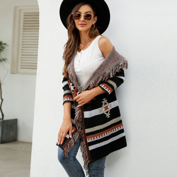 Geometric Jacquard Long Sweater Jacket Tassel Hooded Knit Cardigan