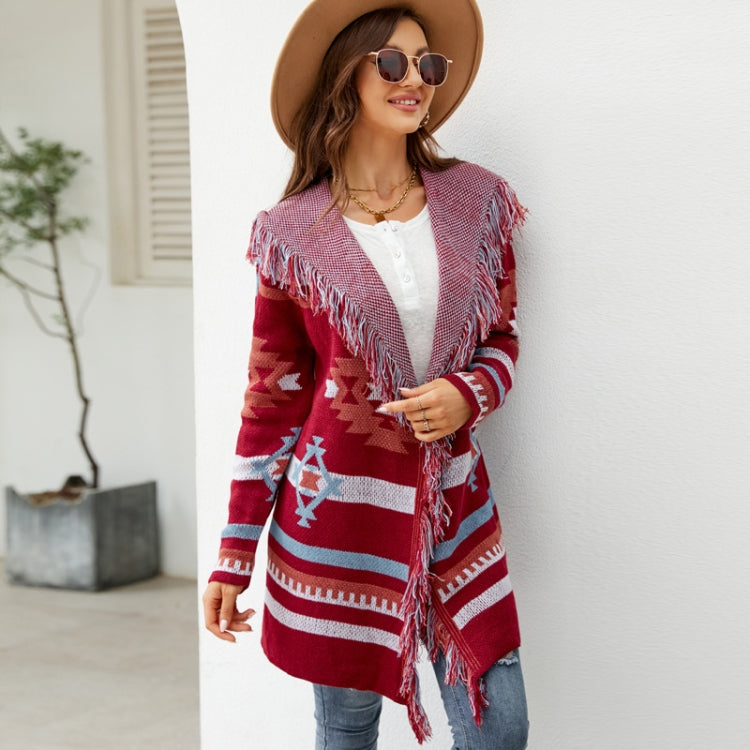 Geometric Jacquard Long Sweater Jacket Tassel Hooded Knit Cardigan