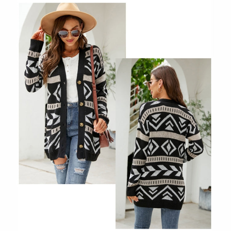 Autumn and Winter Female Diamond Loose Knitted Cardigan Jacquard Medium-length Sweater Jacket