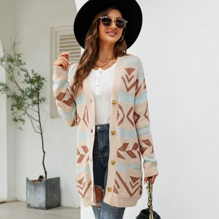 Autumn and Winter Female Diamond Loose Knitted Cardigan Jacquard Medium-length Sweater Jacket