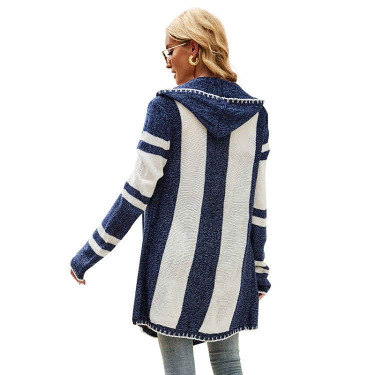 Women Striped Hooded Knit Cardigan Irregular Long-sleeved Sweater Jacket Reluova