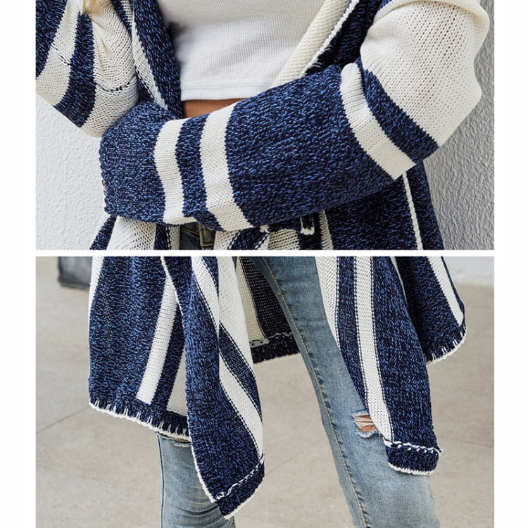 Women Striped Hooded Knit Cardigan Irregular Long-sleeved Sweater Jacket Reluova