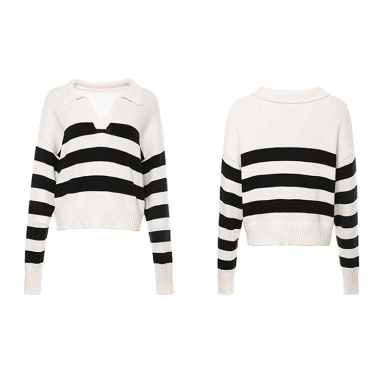 Women Lapel Cotton Knit Top Loose Stripes Hit Color Pullover Sweater Reluova