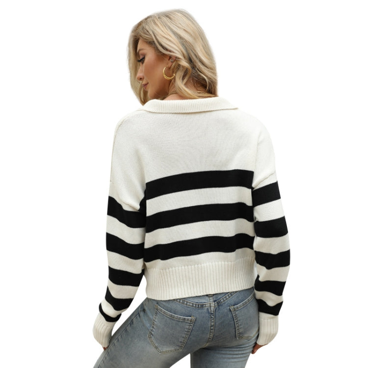 Women Lapel Cotton Knit Top Loose Stripes Hit Color Pullover Sweater Reluova