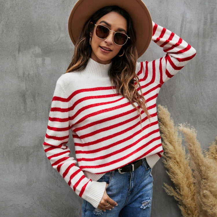 Women Striped Knitwear Loose Stand-up Collar Pullover Sweater