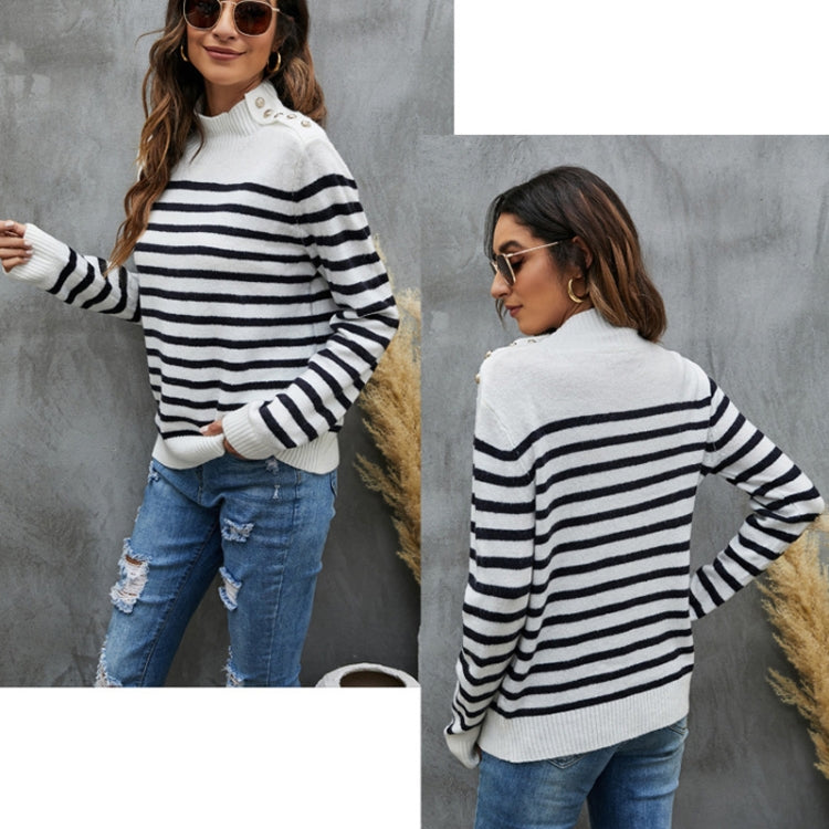 Women Striped Knitwear Loose Stand-up Collar Pullover Sweater Reluova