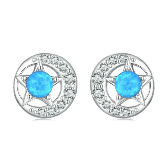 Sterling Silver S925 White Gold Plated Zirconia Opal Star and Moon Earrings Reluova