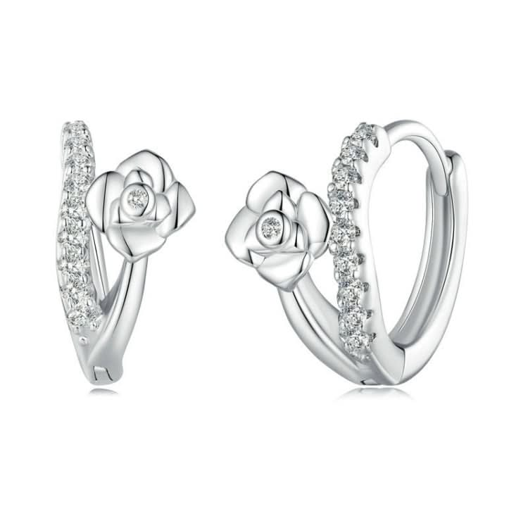 Sterling Silver S925 White Gold Plated Smooth Lines Floral Zirconia Earrings Reluova