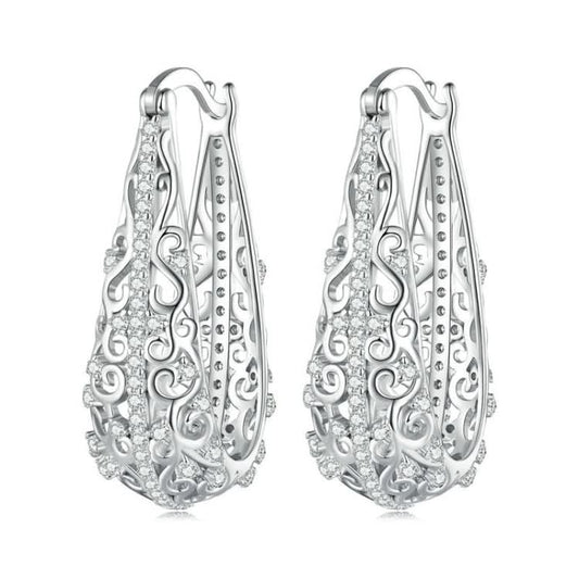 Sterling Silver S925 White Gold Plated Openwork Pattern Zirconia Earrings Reluova