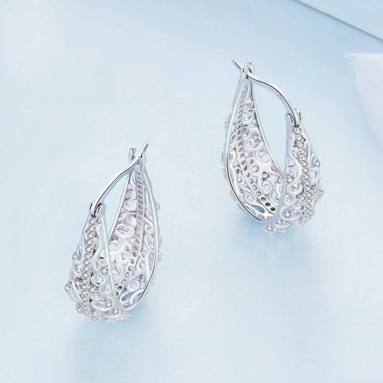 Sterling Silver S925 White Gold Plated Openwork Pattern Zirconia Earrings Reluova