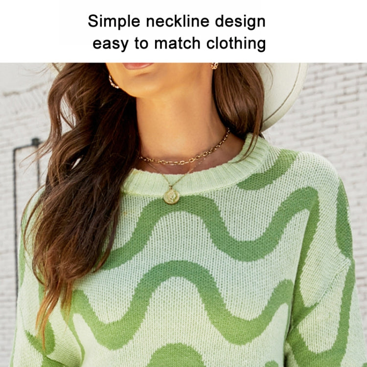 Women Casual Pullover Sweater Round Neck Wave Pattern Collision Color Knitted Sweater Reluova