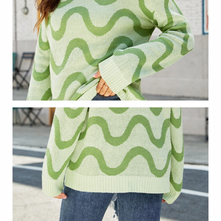 Women Casual Pullover Sweater Round Neck Wave Pattern Collision Color Knitted Sweater