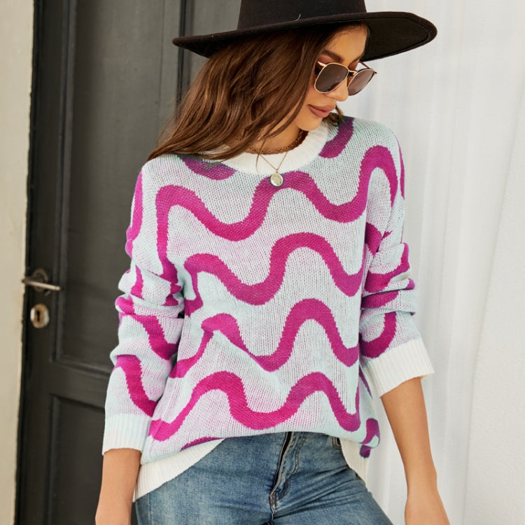 Women Casual Pullover Sweater Round Neck Wave Pattern Collision Color Knitted Sweater