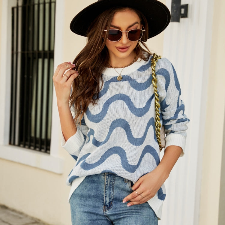 Women Casual Pullover Sweater Round Neck Wave Pattern Collision Color Knitted Sweater