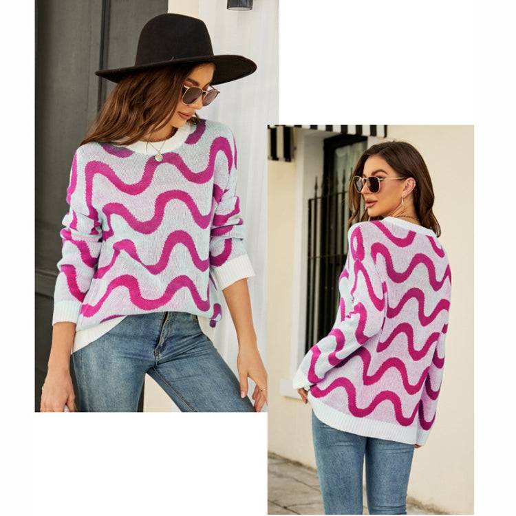 Women Casual Pullover Sweater Round Neck Wave Pattern Collision Color Knitted Sweater