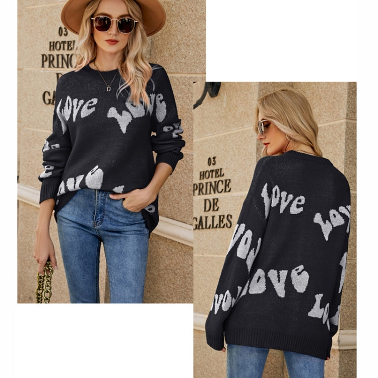 Women Round Neck Knitted Sweater Letters Jacquard Pullover Sweater