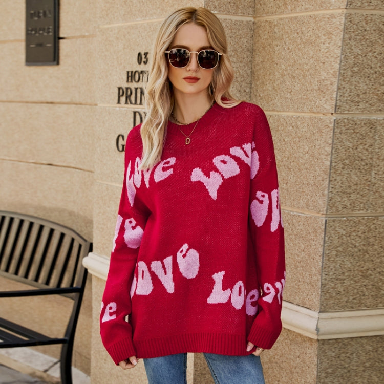 Women Round Neck Knitted Sweater Letters Jacquard Pullover Sweater Reluova