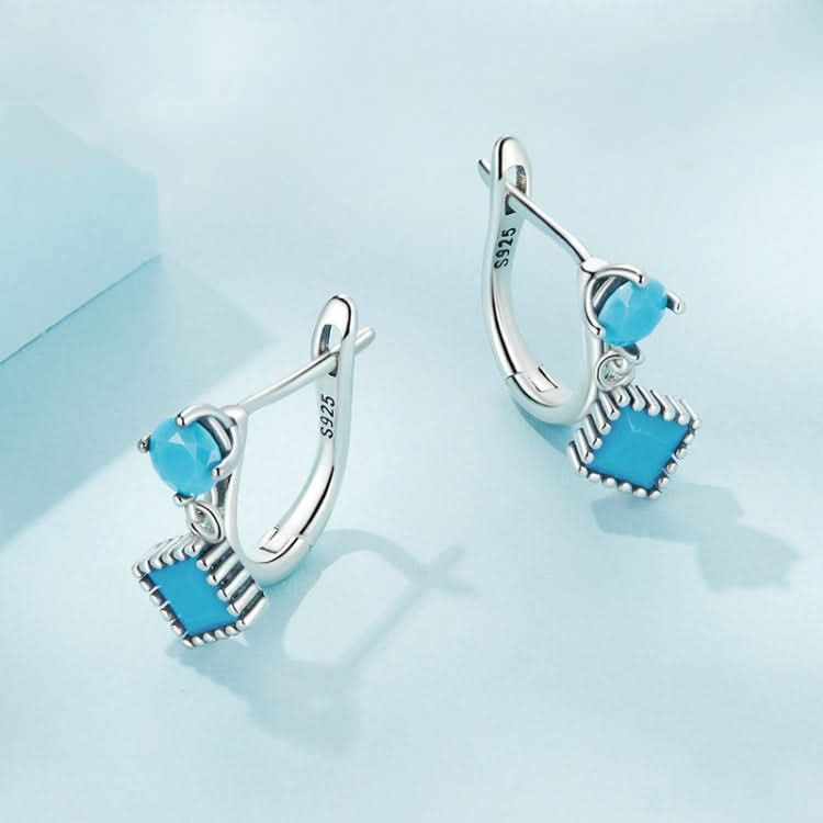 S925 Sterling Silver Prong Set Synthetic Turquoise Geometric Earrings Reluova