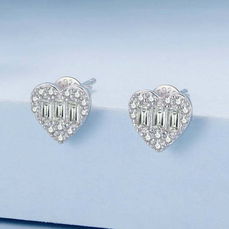 Sterling Silver S925 Plated Platinum Sparkling Zirconia Heart Stud Earrings Reluova